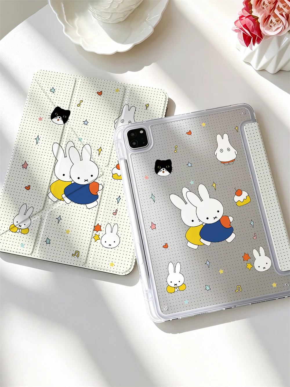 Kawaii Miffy Dot Background Star Cat Print Crystal Clear Y-fold Double-sided Print Case For iPad Pro 11 Air4 Air5 10 Gen With Pe