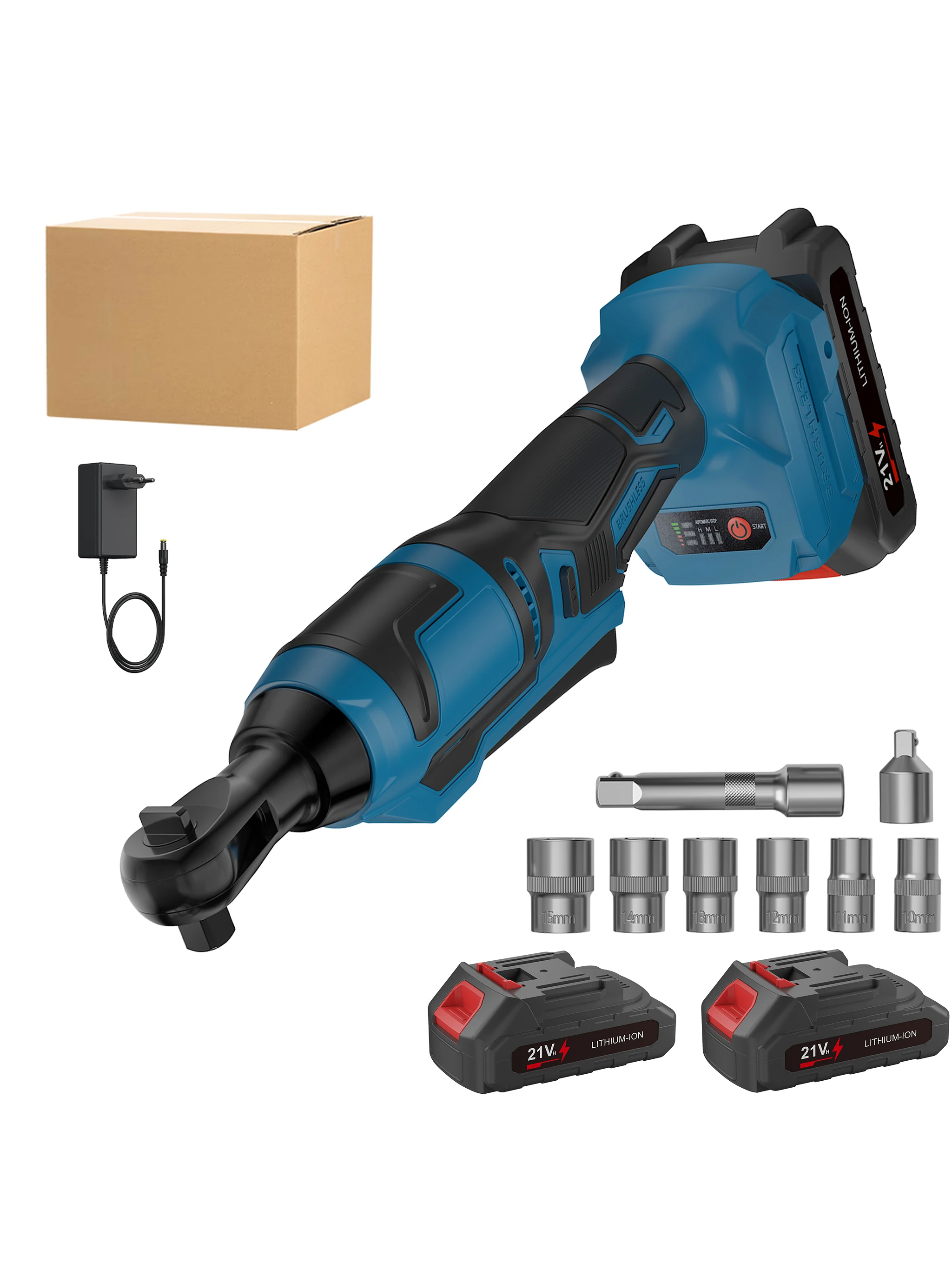 Zestaw elektrycznych kluczy nasadowych z mechanizmem zapadkowym, zasilany akumulatorem litowo-jonowym 21 V, 3/8", bezprzewodowy, moment obrotowy 250 Nm, dioda LED, 2800 obr./min, 90. ° Narzędzie do — 2