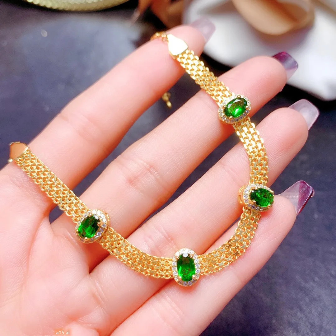 

925 sterling silver natural diopside 4x6mm gem girls electroplated 18K gold bracelet Deluxe edition to give girlfriend New Year
