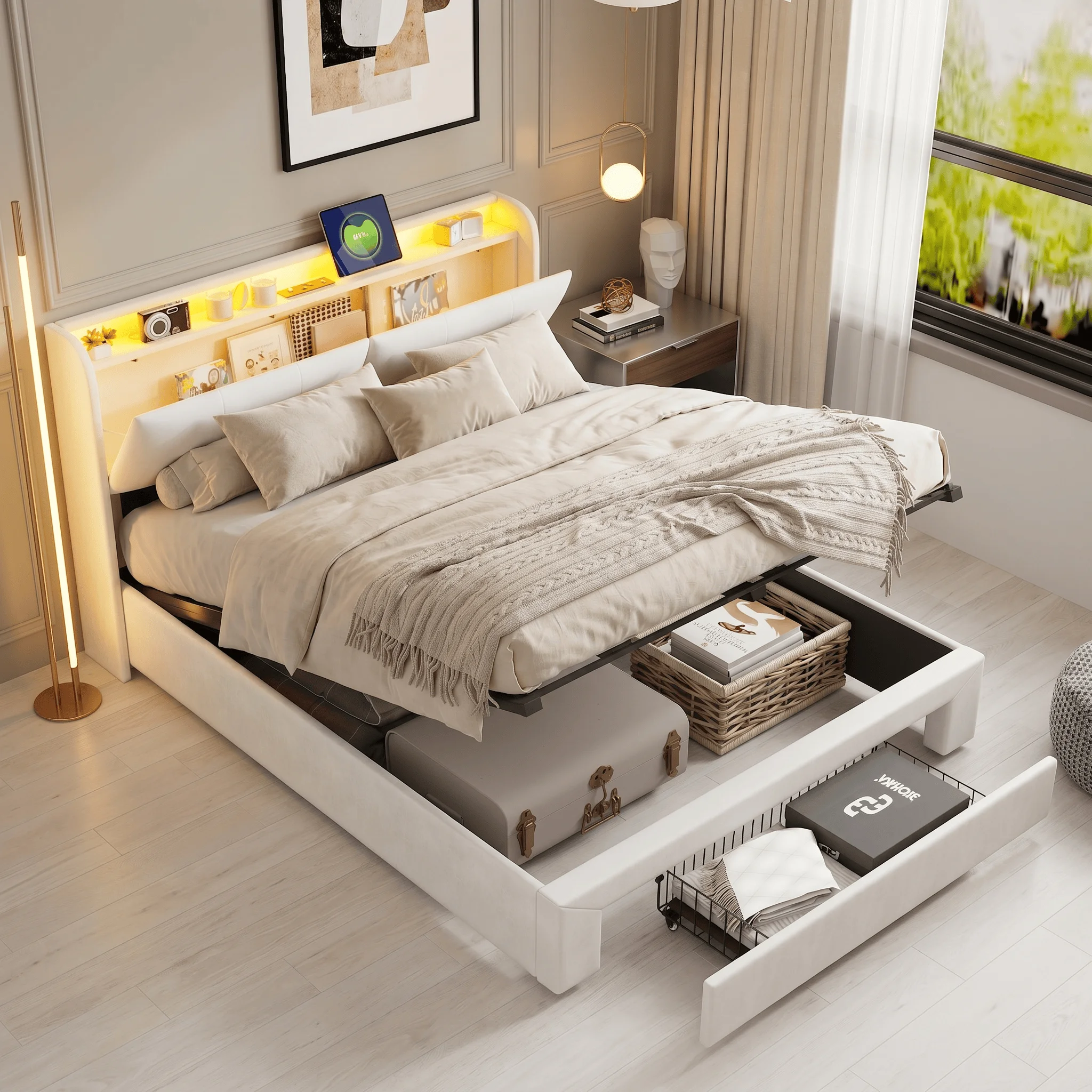 Cama doble tapizada, cama con almacenamiento, luz LED y puertos USB, cama hidráulica con cajones y cabecero con almacenamiento oculto, estructura de cama juvenil con base de listones