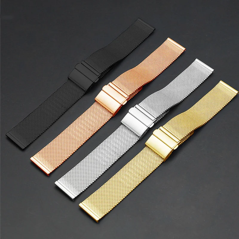 Milanese Loop Strap 18mm 20mm 22mm Men Women Stainless Steel Metal Double Press Folding Buckle Wrist Band Watch Accessories