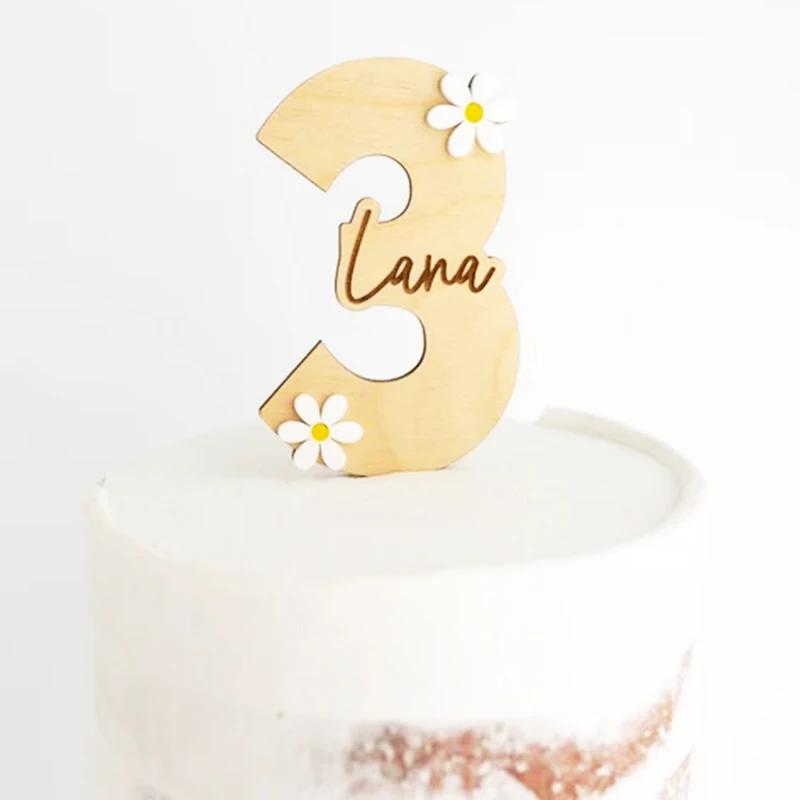 Personalised Happy Birthday Cake Topper Daisy Age & Name Birthday Topper Number Custom Wood  Rustic Cake Toppers