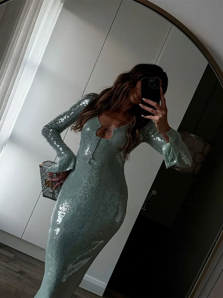 Sequin Lace Up Backless Long Dresses Deep V Flash Sparkling Sexy Long Sleeve Backless Champagne Women Evening Party Club Dress