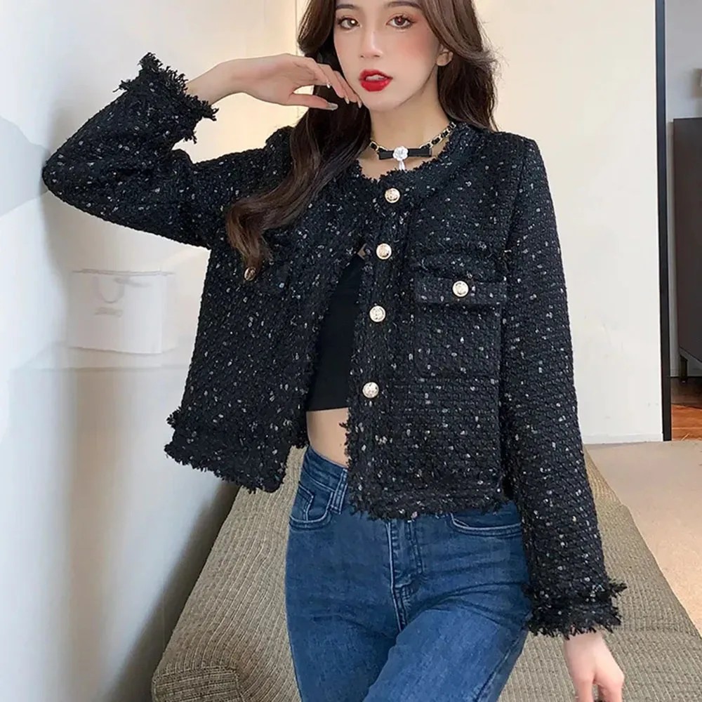 Korean Tassels O-Neck Polka Dot Jacket For Ladies Temperament Sweet Tweed Coat Women Single Breasted Fashion Short Tops Female
