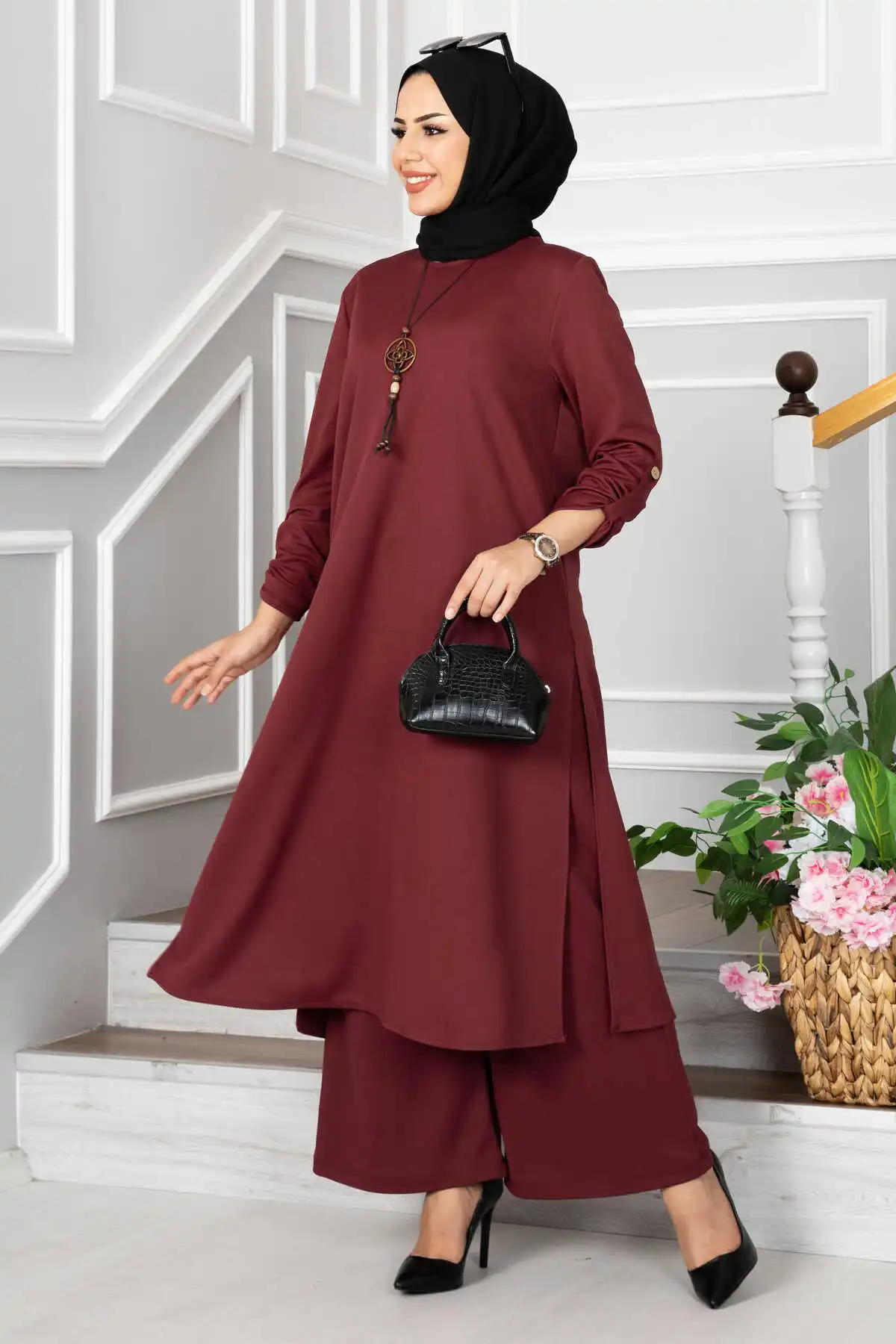 Floral 3 Piece Hijab Set Abaya Set Crinkled Fabric Smocked Cuff Dress+Two Layer Hijab Scarf Prayer Clothes Islam Eid Ramadan