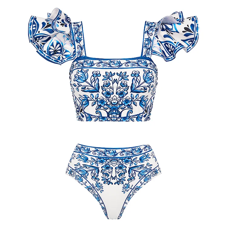 2024 New Ruffle Blue and White Porcelain Pattern Majolica Print Bikini Swimsuit and Sarong Swimwear Women Beachwear Bathing Suit