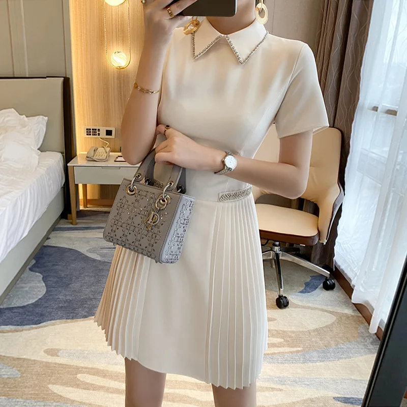 Women's 2023 Summer New Chiffon Sweet Pleated Dress Elegant Party Vestidos White Black Turn Collar