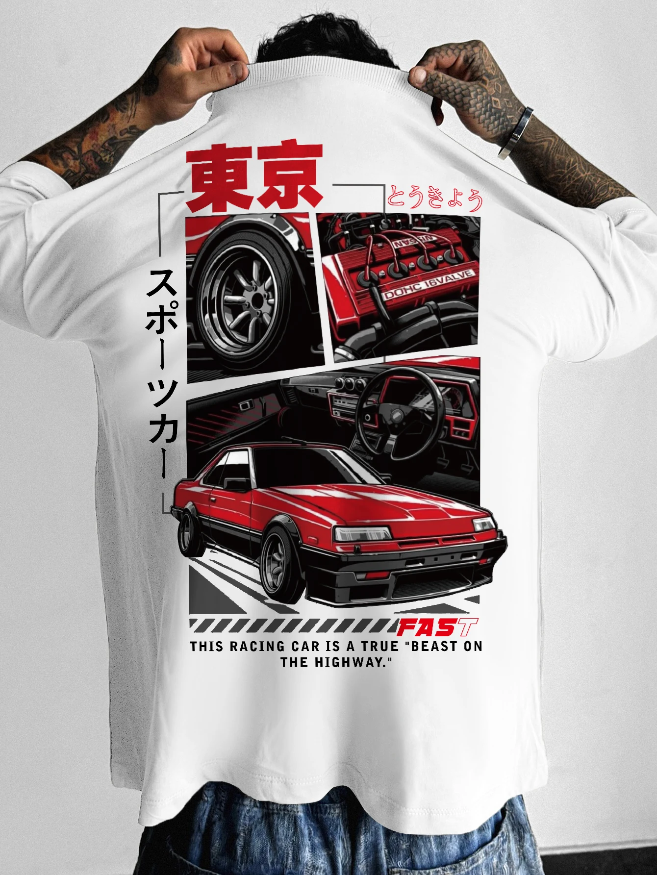 Brand Streetwear Tokyo - เสื้อยืดโอเวอร์ไซส์ลายกราฟิกสตรีทแวร์ แบรนด์ญี่ปุ่น สไตล์โตเกียวเรซซิ่ง ทรงหลวม สีขาว ผ้าฝ้าย