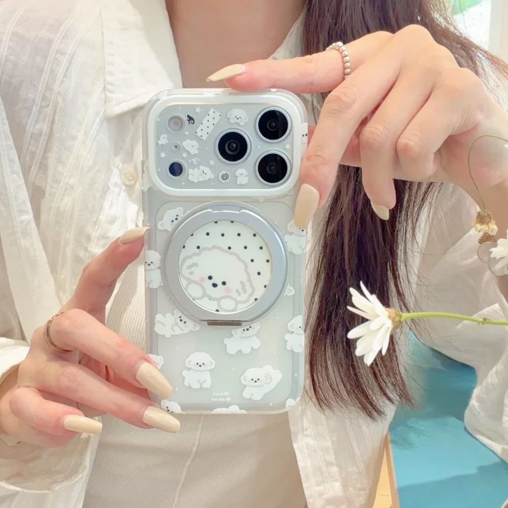 Korea Ins Cute Polka Dot Puppy Magnetic Phone Case for iPhone 17 Pro Max 16 Max 15 16 17 Pro, Kawaii Shockproof Protective Cover