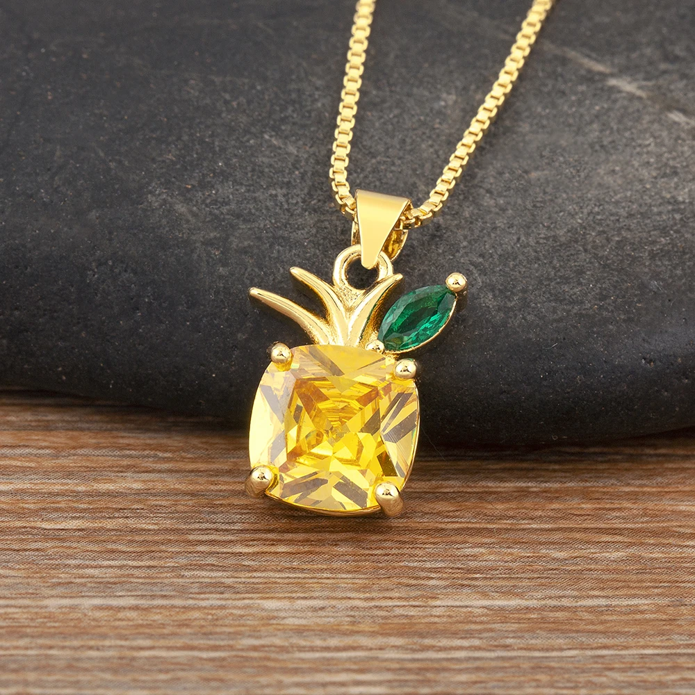 Nidin New Trendy Pineapple Shape Pave Colorful Zircon Pendant Necklace Girl Birthday Party Chain Jewelry Accessories Daily Gifts