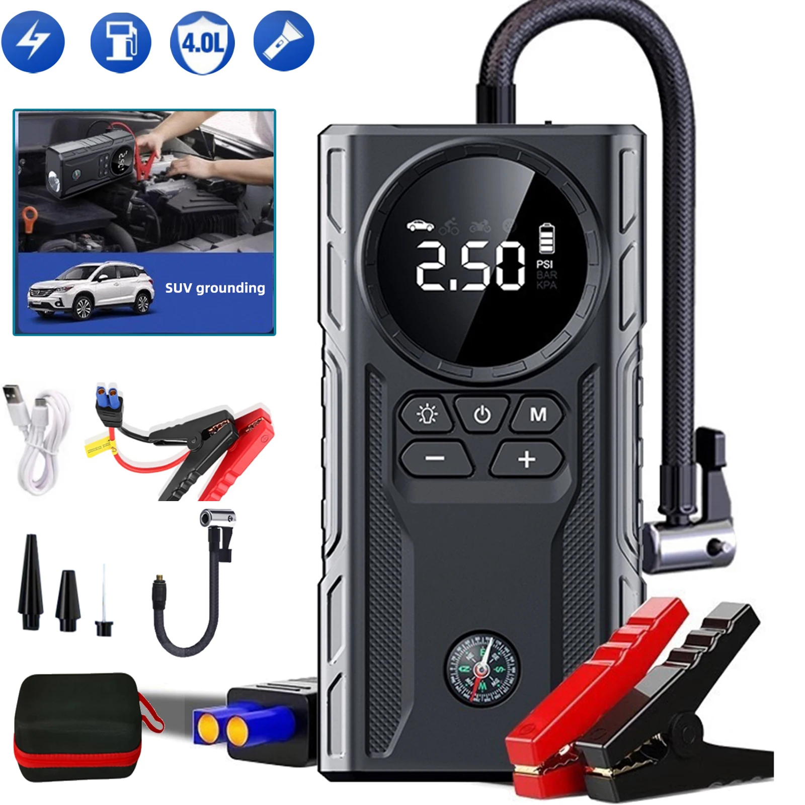 39800mAh Car Jump Starter Air Pump Car Battery Emergency Boosters Peak 1800A 12V Power Bank Portable Starting Device Car Starter