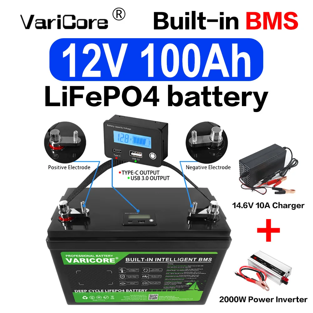 VariCore 12,8V 100Ah LiFePO4-batterij, Deep Cycle, ingebouwde intelligente BMS, LCD-display, voor camper, zonne-energie, maritiem gebruik, noodstroomvoorziening - afbeelding 1