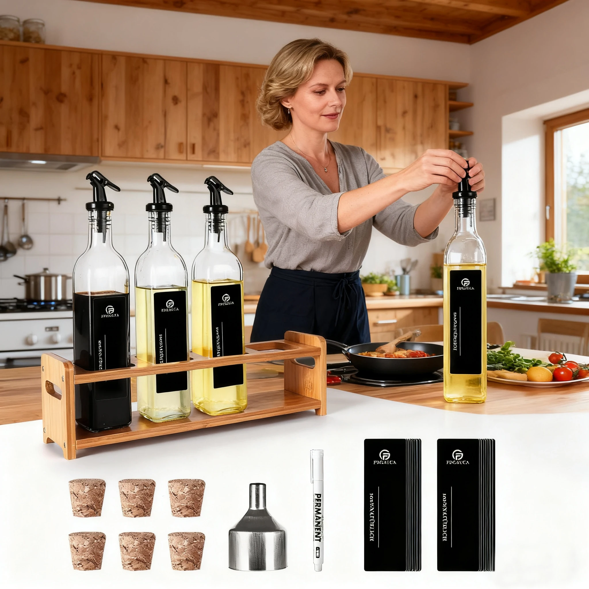 4 x 500ml Ölflasche Glas Set Mit Bambus Flaschenhalter Olivenöl Flasche Essig und Ölflaschen Set Ölspender Mit Ausgießer Küchen Zubehör Für Olivenöl Essig Gewürze Praktische Glasflaschen Aufbewahrung