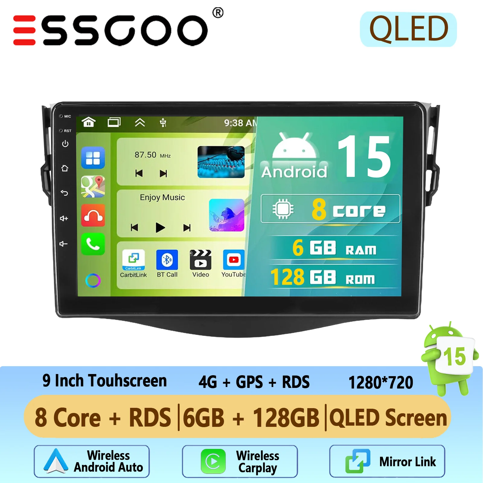 Autoradio ESSGOO Android 15 9 Inch 4+64G voor Toyota RAV4 2007-2012 Draadloze CarPlay Android Auto GPS Navigatie FM WiFi Bluetooth RDS Stuurwielbediening Mirror Link Touchscreen Hoofdeenheid
