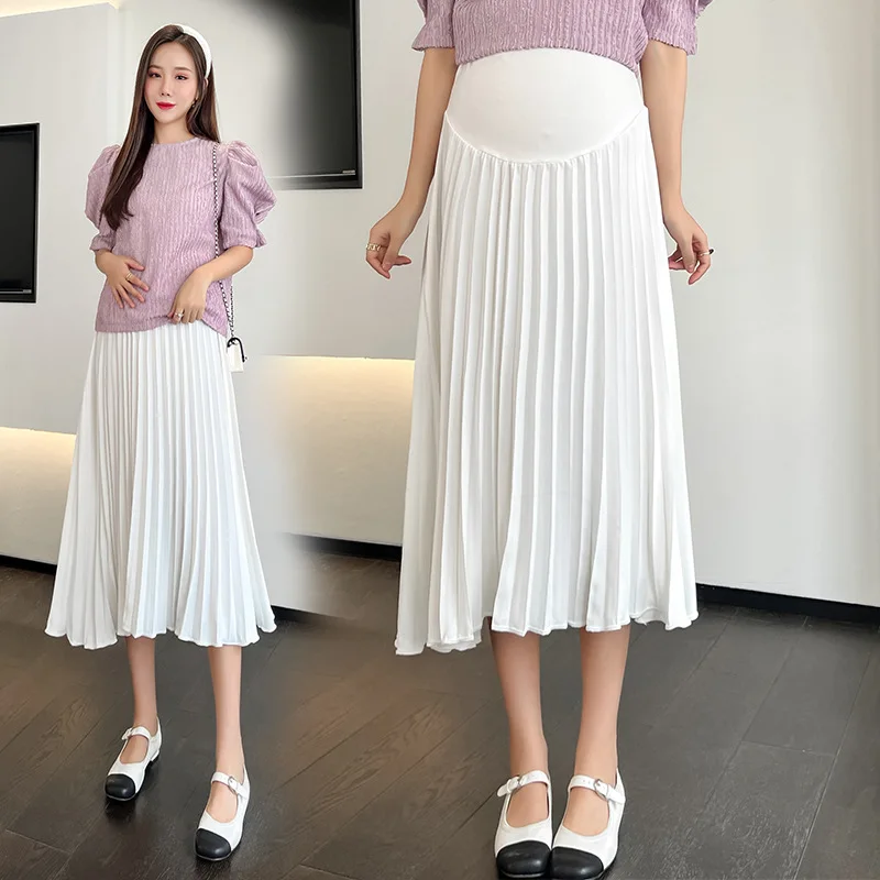 Chiffon Pleated Maternity Clothes Pregnancy Skirt Summer Casual Maternity Knee-Length Skirts High Waist Belly Extender Dresses