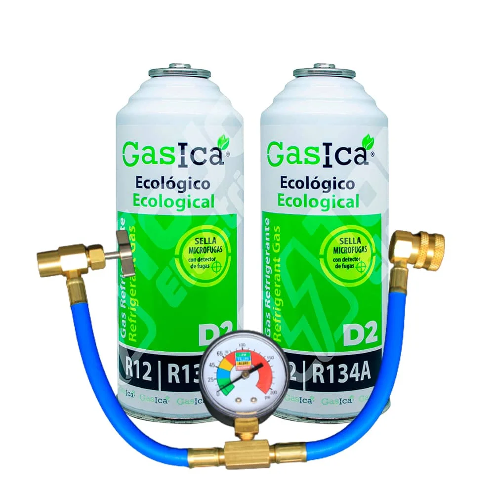 PACK 2 bottles Gasica D2 refrigerant Gas substitute R12 and R134A and hose with pressure gauge for recharge air conditioning