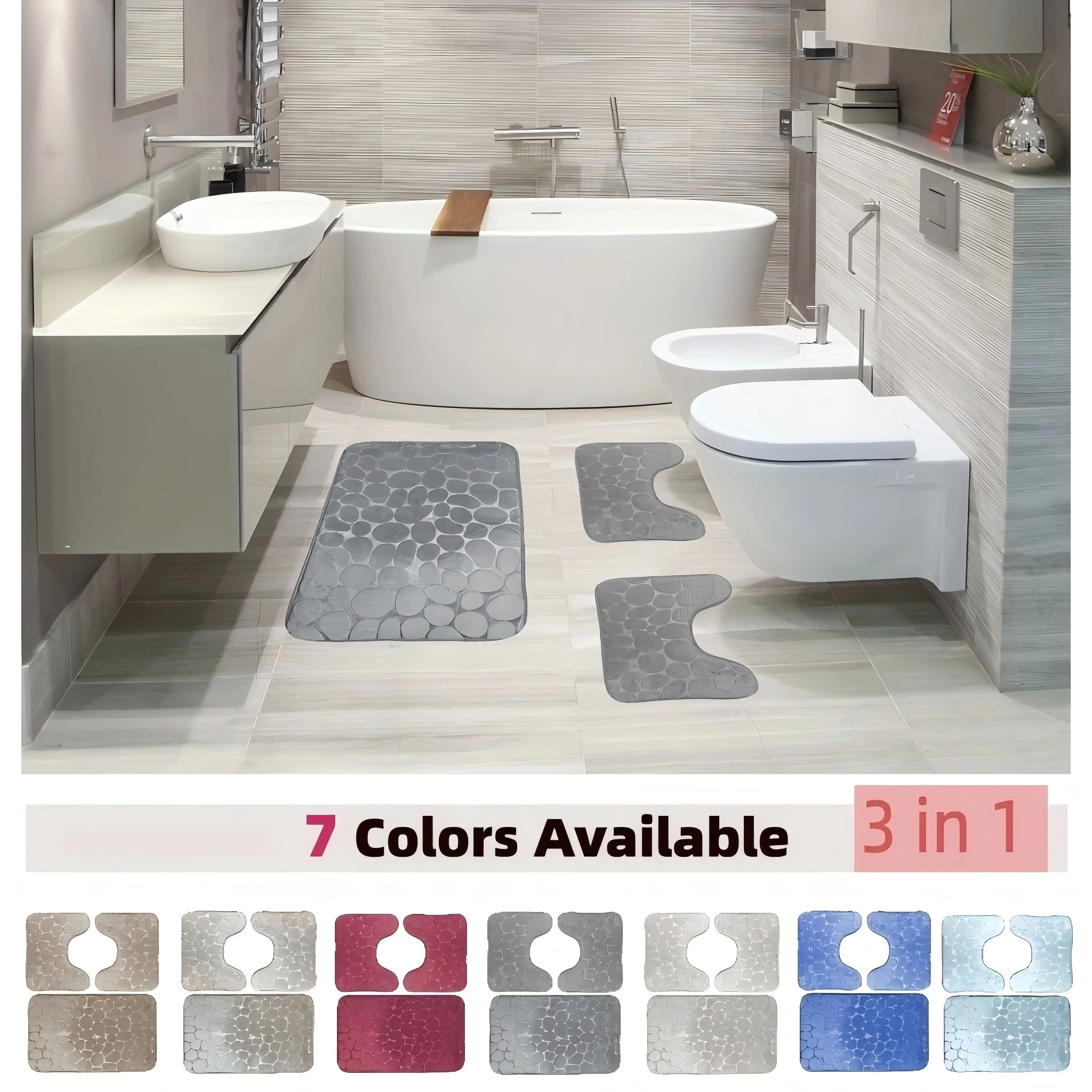 Une collection de trois tapis de bain en microfibre ultra fine, de 75*45 cm et 45*38 cm. Ces tapis sont à séchage rapide, absorbants et présentent une forme en U antidérapante, conçus pour une utilisation autour des baignoires et des douches.