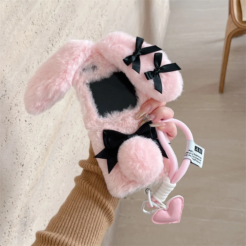 

Cute Plush Long Ear Bunny phone case for Samsung ZFlip 6 5 4 3 Warm bow with chain for ZFlip5 Flip4 Flip3 Flip6 Cute Furry 5G