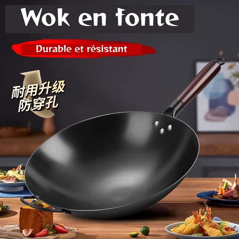 Wok tradizionale asiatico in ferro battuto con manici - 30/32/34/36/40 cm