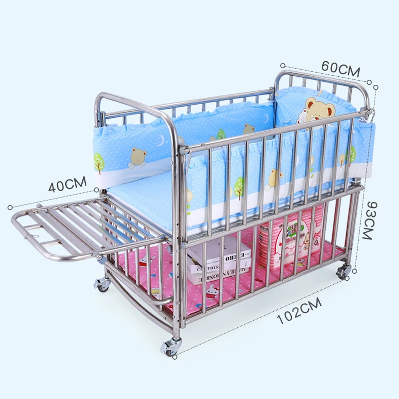 Stainless Steel Newborn Baby Crib With Palm Mattress, Can Extend Or Height Adjust Accompany Bed, Multifunctional Rocking Cradle