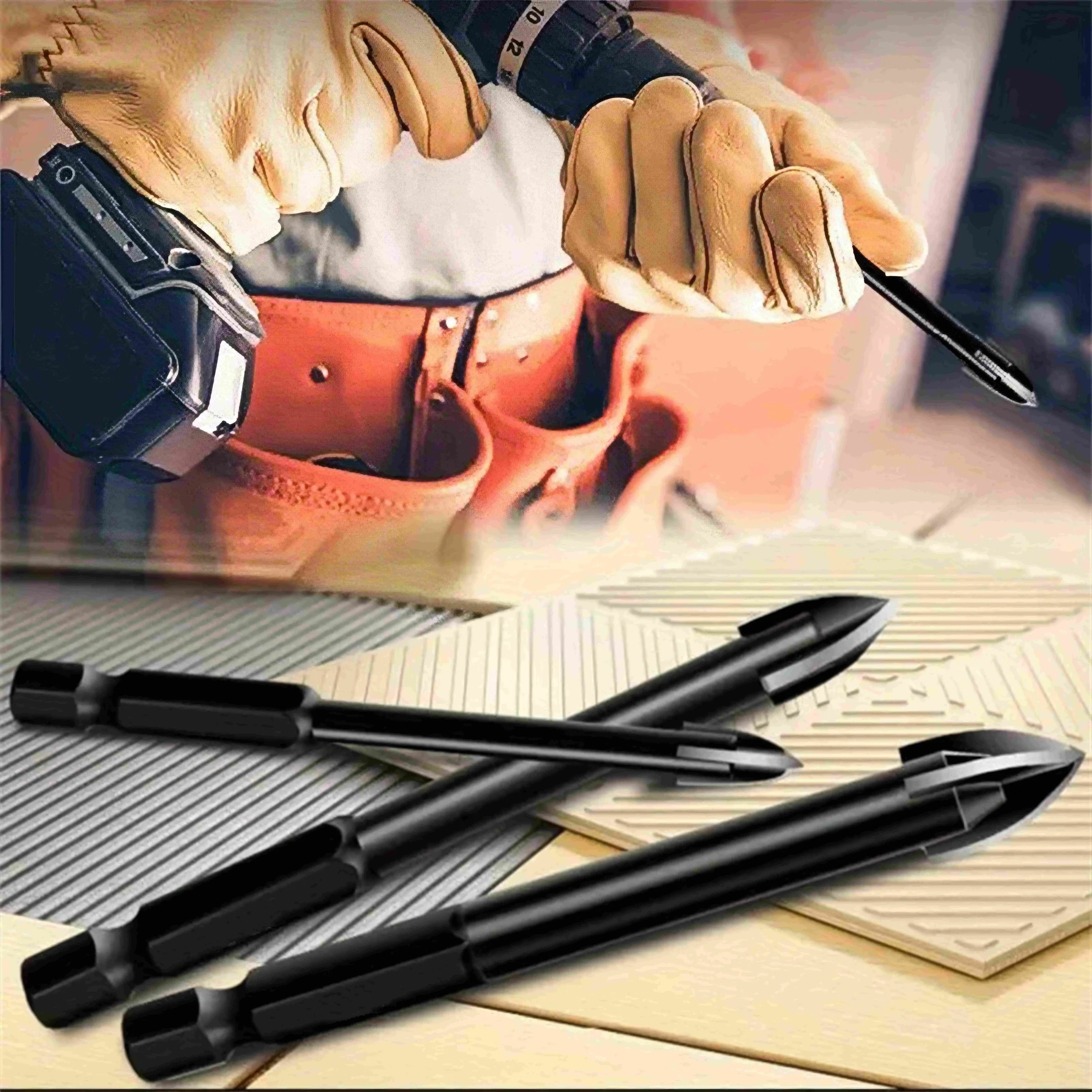 5 قطع من لقم الثقب المدببة باللون الأسود، لقم الثقب الثلاثي ذات المقبض المستقيم، مناسبة لبلاط السيراميك/الزجاج/الجدران #1