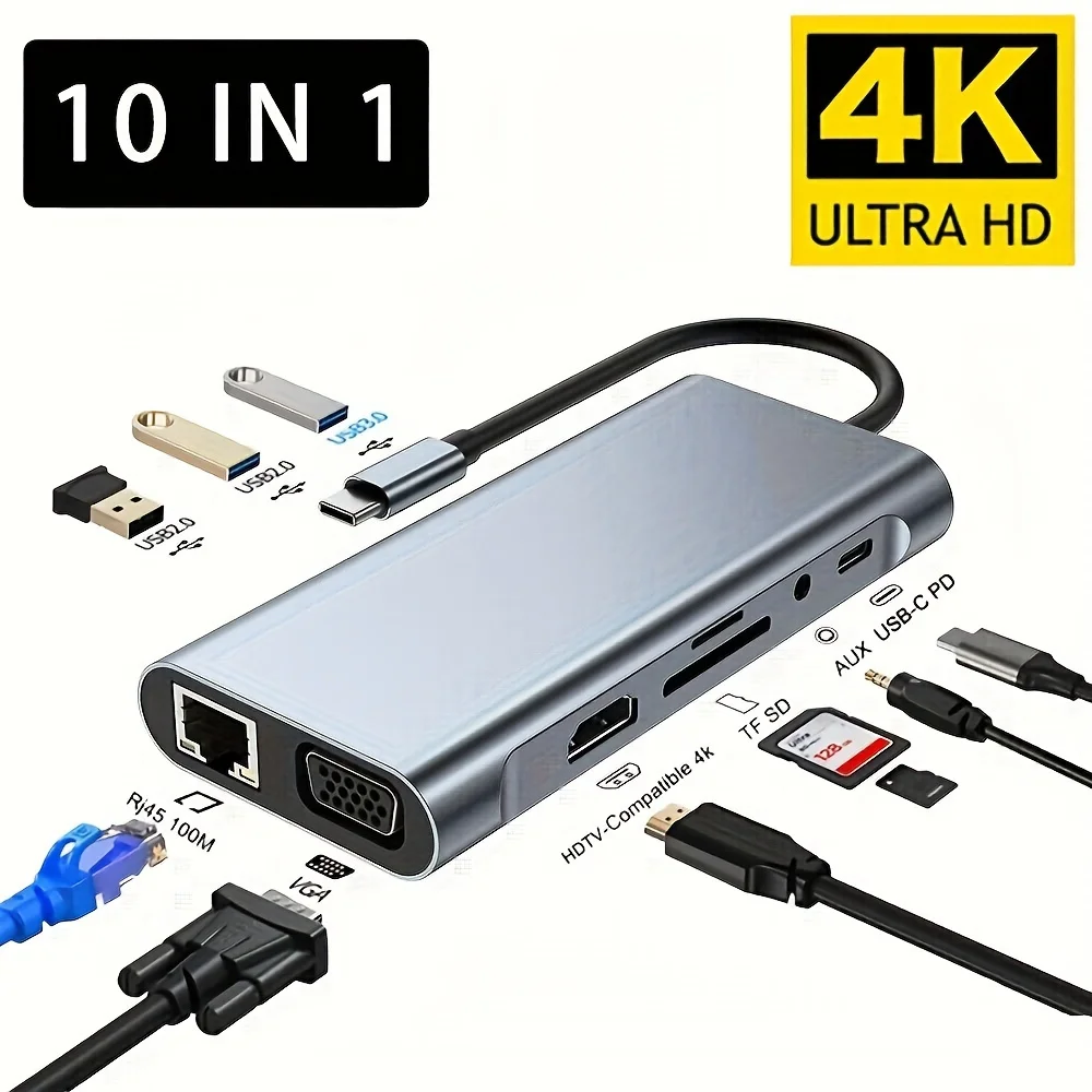 

10-in-1 Ultra HD Type-C Hub Docking Station 4K 30Hz HDTV Compatible PD 87W Power Delivery, USB C Splitter for MacBook Pro Air