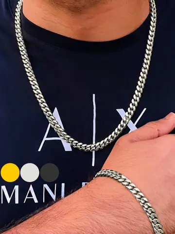 2pcs Street Hip Hop Stainless Steel Cuban Chain Necklace Bracelet Set for Men Chunky Chain Set Male Punk Jewelry