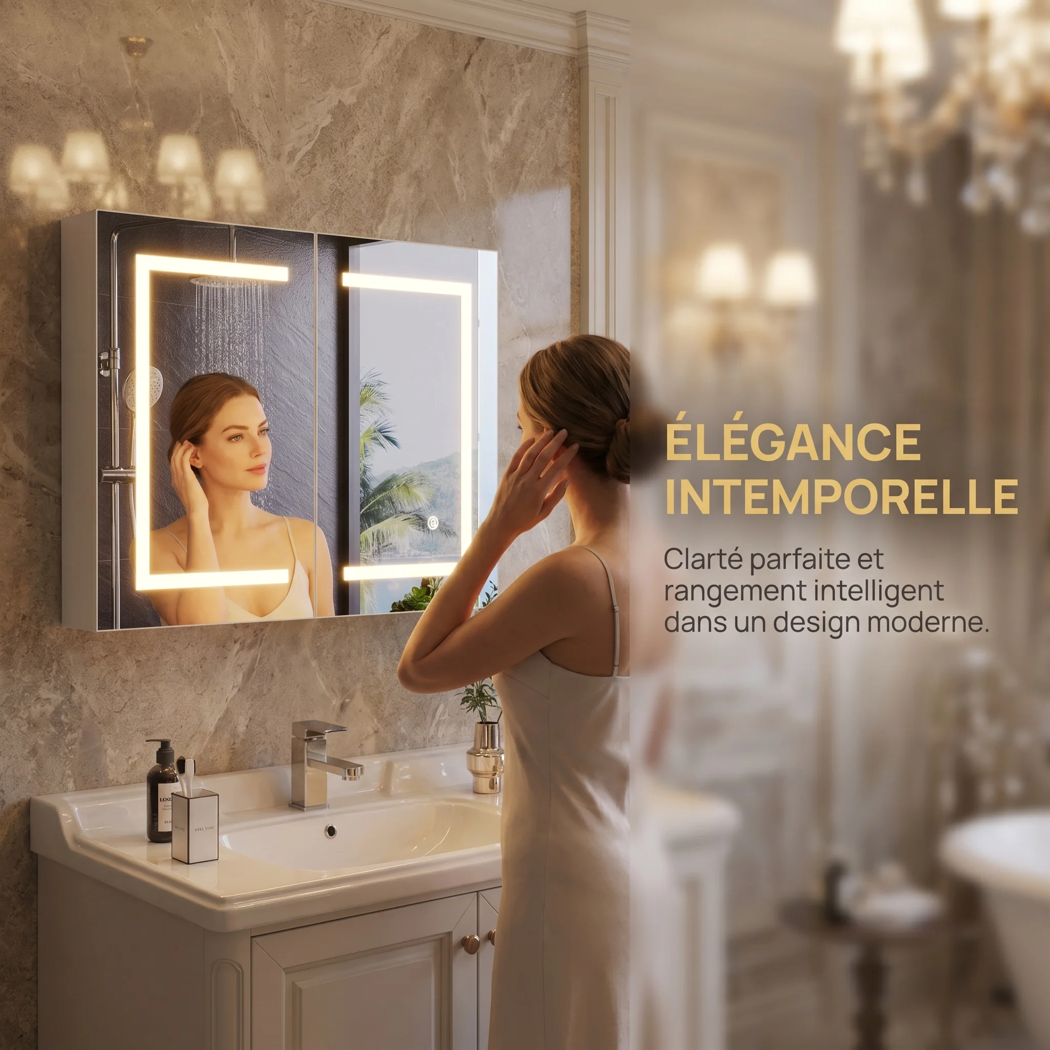 Superaly Armoire de salle de bain avec miroir 80x13,5x60 cm avec éclairage LED, 3 couleurs de lumière, luminosité réglable, 2 portes, armoire murale avec étagère en verre et fonction mémoire pour
