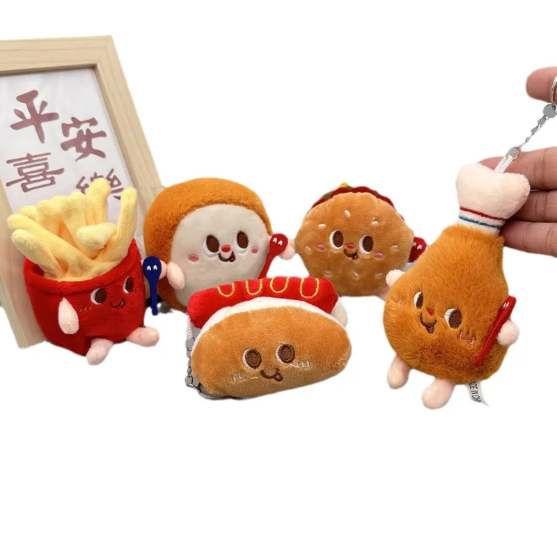 Cute Cartoon Burger Hot Dog Chicken Leg Pendant, French Fries Plushy, Machine Doll Bag, Mochila Pendurada Chaveiros, Acessórios