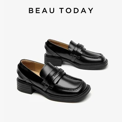 BEAUTODAY Thick Loafers Women Genuine Leather Square Toe Splicing Covers Slip-Ons Sewing Flat Shoes Handmade 26406