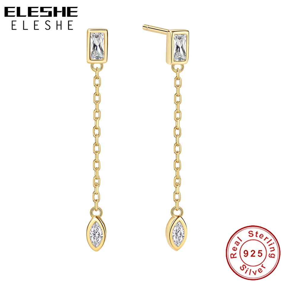 ELESHE 925 Sterling Silver Plated 18K Gold Tassel Chain Stud Earrings Romantic Mini Dangle Earrings Women Fashion Jewelry