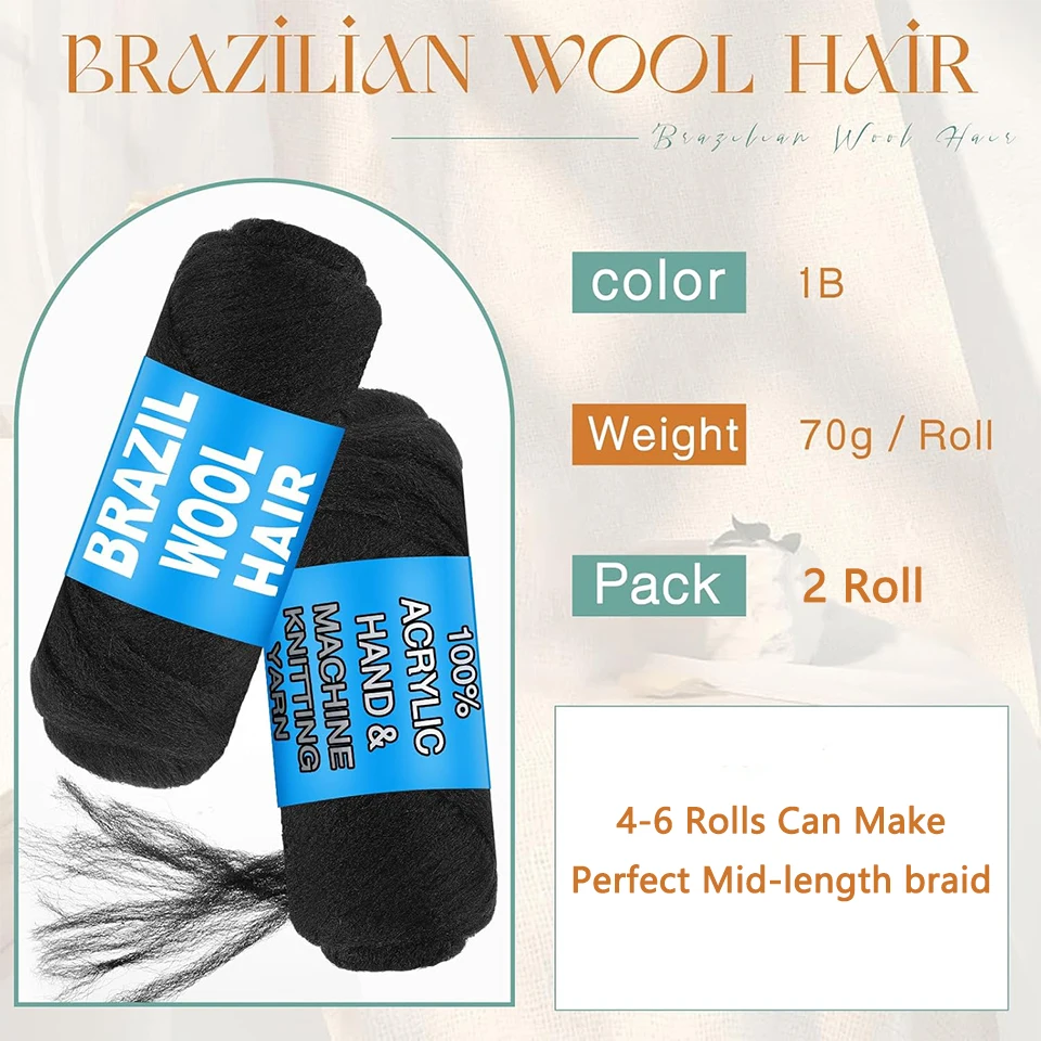 2 Roll Brazilian Wool Hair Acrylic Yarn For African Synthetic Crochet Hair Jumbo Braids Senegalese Twisting Knitting Hair