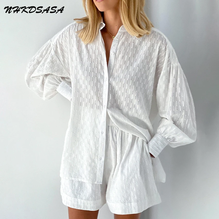 White Shorts Sets 2 Piece Suits Women Homewear Jacquard Fabric Lantern Sleeve Loose Shirt And Shorts 2022 Summer Female Outfits