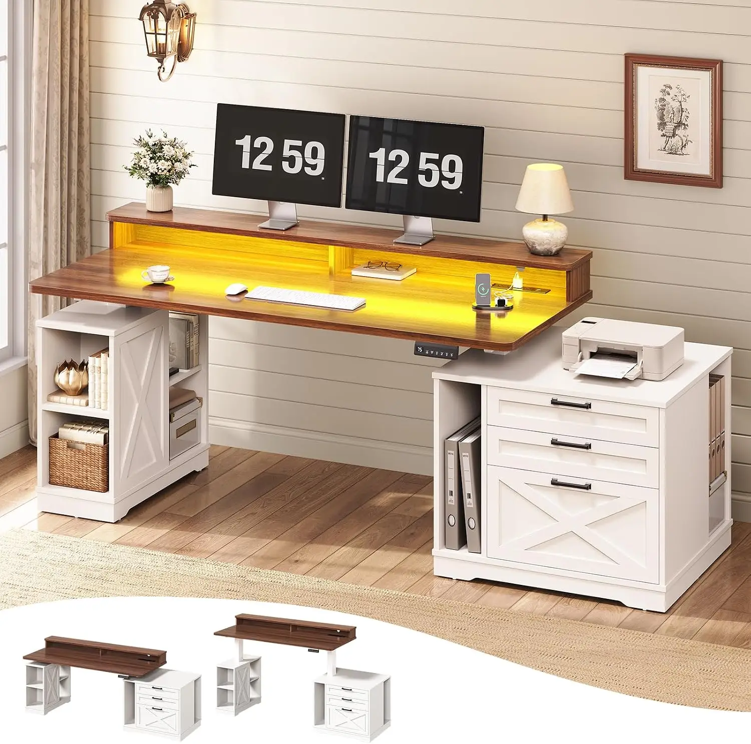 Farmhouse Electric Standing Desk with 3 Drawers and File Cabinet  55