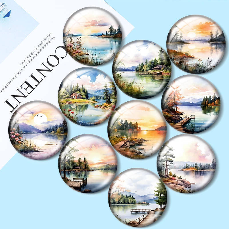

Watercolor Lakeside Scenery 10pcs 12mm/25mm/30mm Round photo glass cabochon demo flat backMaking findings