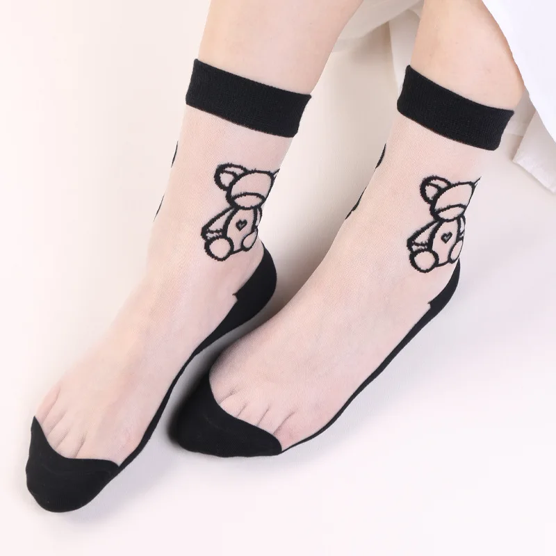 

DONG AI 1 Pairs Ultrathin Transparent Socks Fashion Summer Women Crystal Bear Girls Elastic Short Sock Female Sox