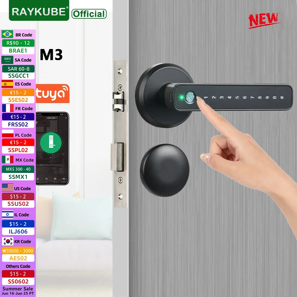 

RAYKUBE M3 Tuya BLE умный дверной замок с отпечатком пальца, замок с паролем и ключами, разблокировка приложения Smartlife/Tuya для внутренней деревянной металлической двери