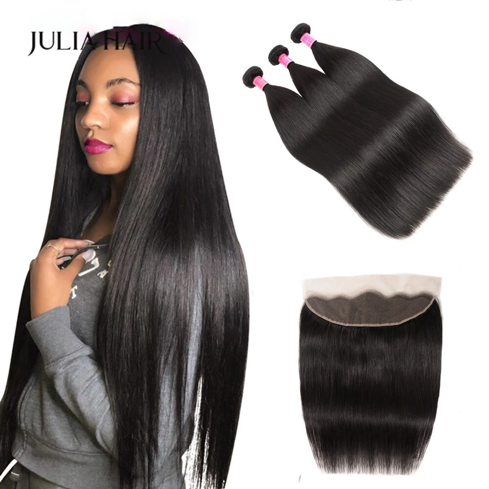 Ali Julia 100% Brazilian Straight Human Hair Lace Frontal Closure With 3 Bundles 13*4 Pre Plucked Frontal Natural Color Remy