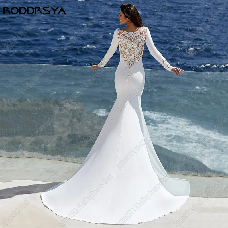 فستان زفاف بحورية البحر من الساتان من RODDRSYA مزين بالدانتيل من الخلف Vestidos De Noiva Mariage بأكمام طويلة للزفاف مقاس كبير مدني