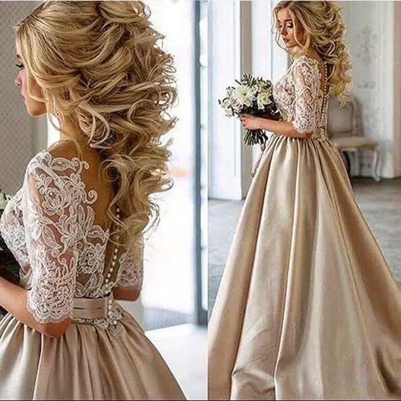 Suknie wieczorowe na zamówienie Długie 2025 Półrękawy Szampańska Satyna A Line Sukienka Promowa Formalna Sukienka Damska Eleganckie Vestidos De Gala — zdjęcie 2