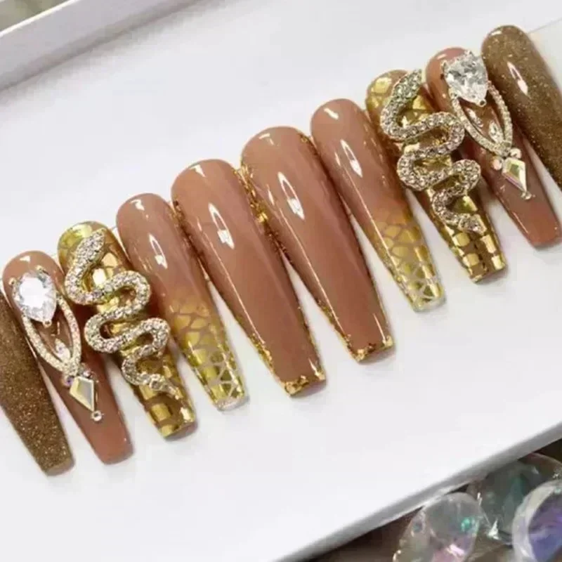 Faux ongles longs en forme de cercueil, avec colle, marron, portables, avec strass, à pression de Ballet, couverture complète, 24 pièces