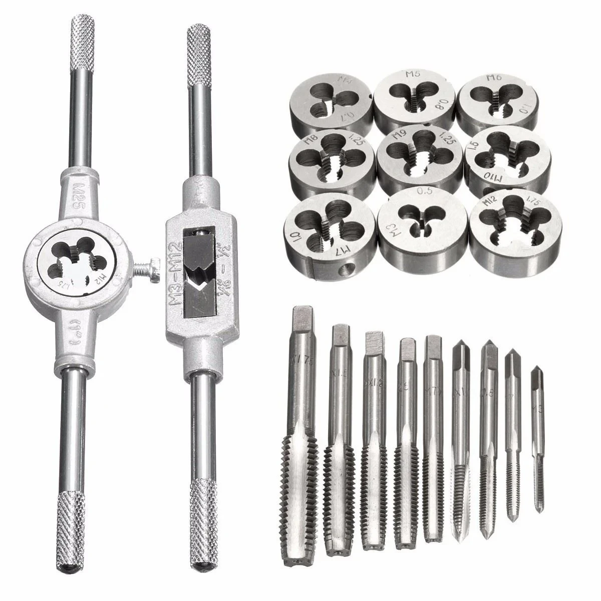 12/20Pcs Metric Hand Tap and Die Set M3-M12 Screw Thread Plugs Straight Taper Reamer Tools