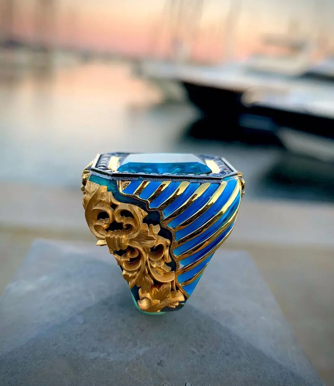 Ring 925 Sterling Jewelry VIP Baroque Embroidery Art Pen Art and Enamel Art Center Stone Aquamarine İce Crushed Radiant Gift Men