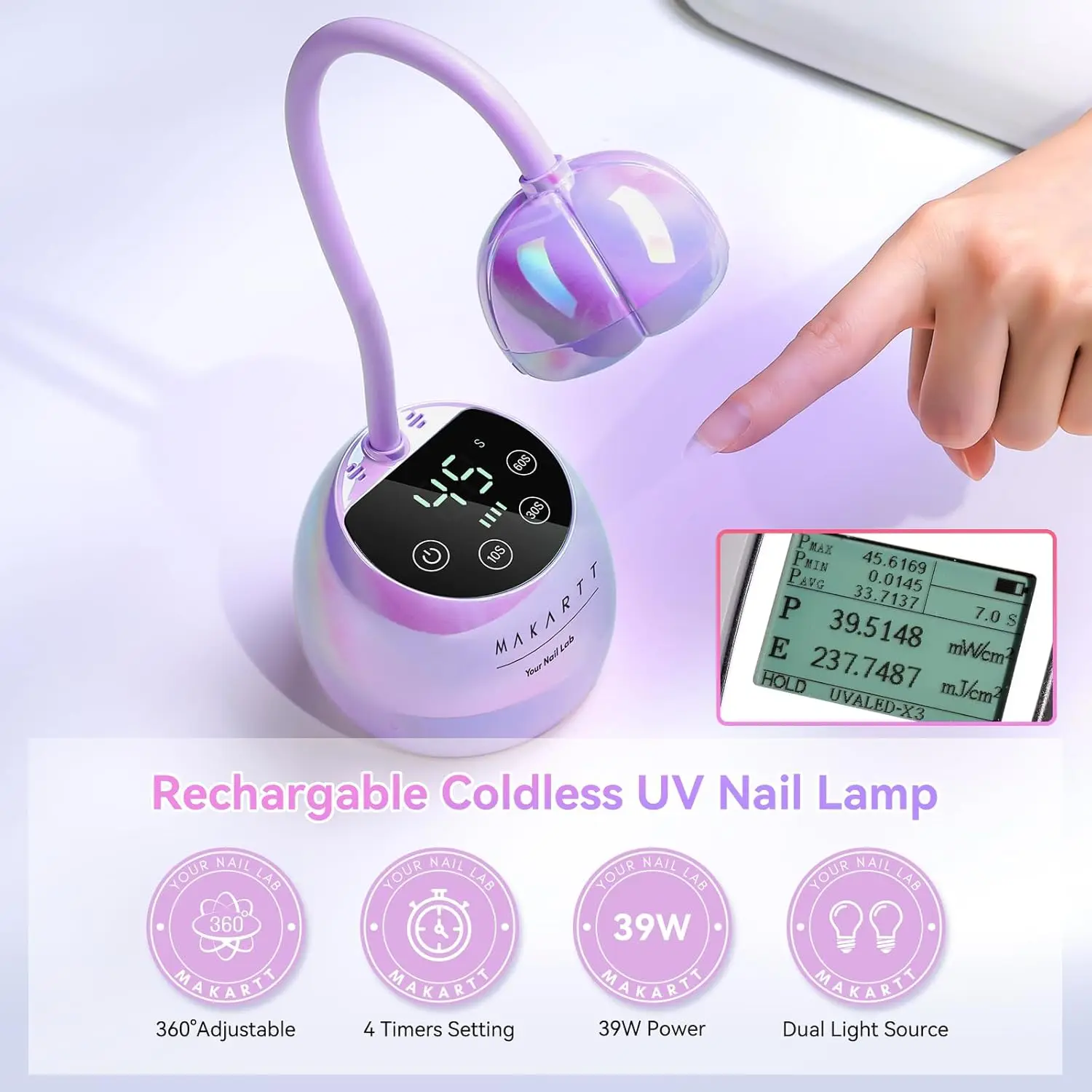 UV-LED-Nagellampe – Schwanenhals-UV-Licht für Gel-Nagellack, USB 39 W, kabellose Blitz-Heilungslampe mit 4-fachem und automatischem Sensortrockner