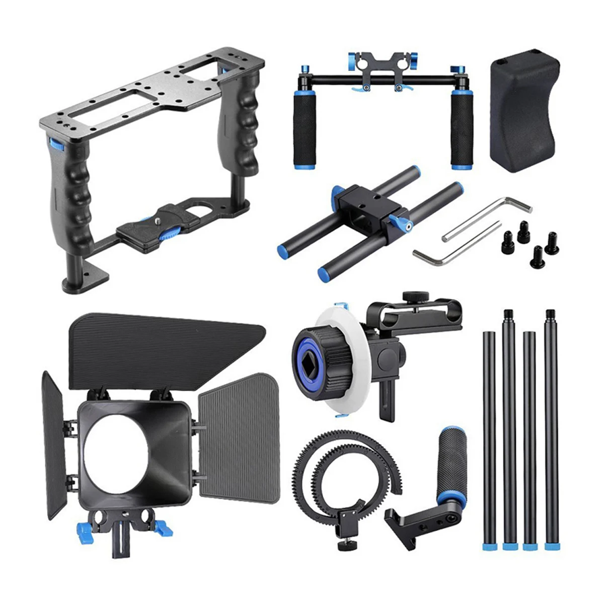 YELANGU Universal Shoulder Rig Kit with Camera Cage with Matte Box Follow Focus Dual Rod Fits Camera 207*167mm For Canon Nikon