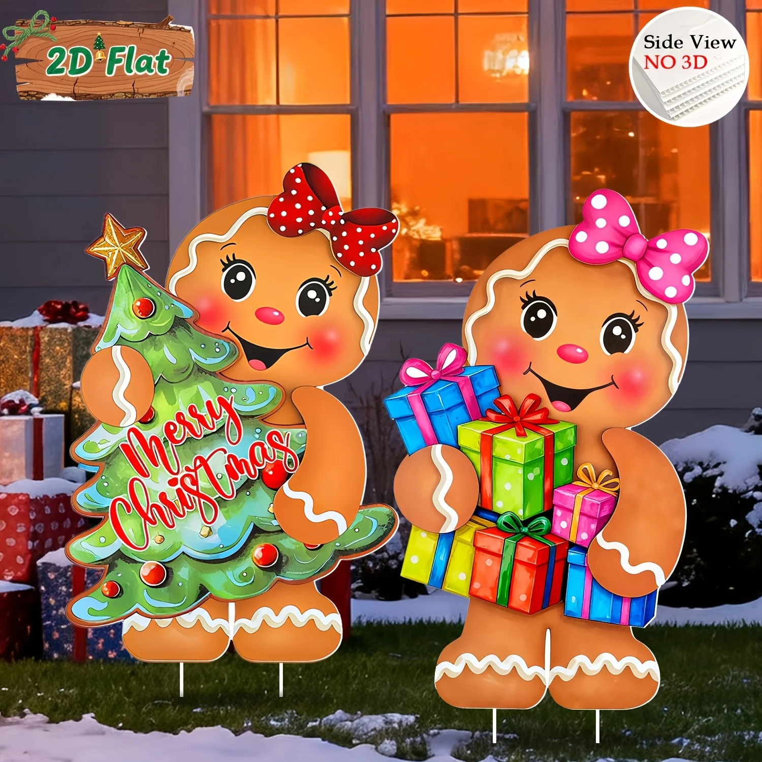 2-teiliges Weihnachts-Lebkuchenmann-Terrassenschild-Set mit Stange – Feiertags-Lebkuchenmann-Dekorationen, langlebige Rasenschilder aus Kunststoff für den Außenbereich – Detail 3