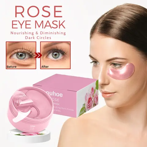 Ouhoe 60pcs Rose Firming Eye Mask Anti Dark Circles Bags Remove Puffiness Moisturize Brighten Smooth Fine Lines Lifting Eye Mask
