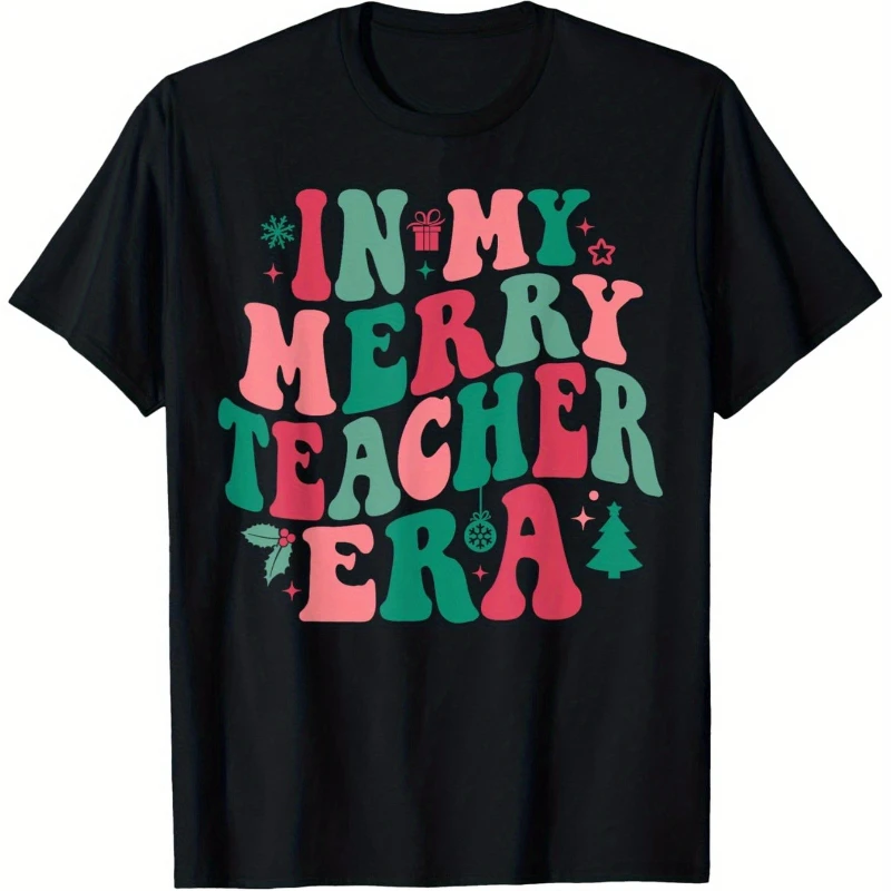 

In My Merry Teacher Era Retro Christmas T-Shirt Pure Cotton Casual Festive Holiday Design with Snowflakes Christmas Tree Tshirt