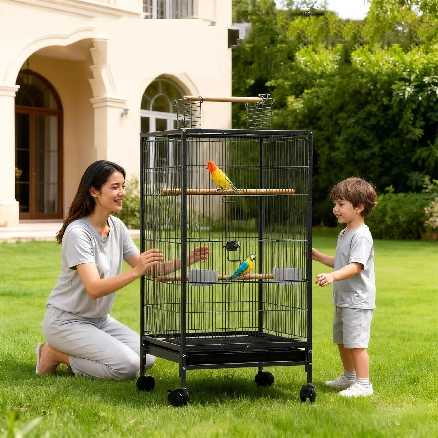 Cage à oiseaux grand format 46x46x102 cm avec toit de jeu, support à roulettes et plateau amovible, volière pour oiseaux avec 3 perchoirs