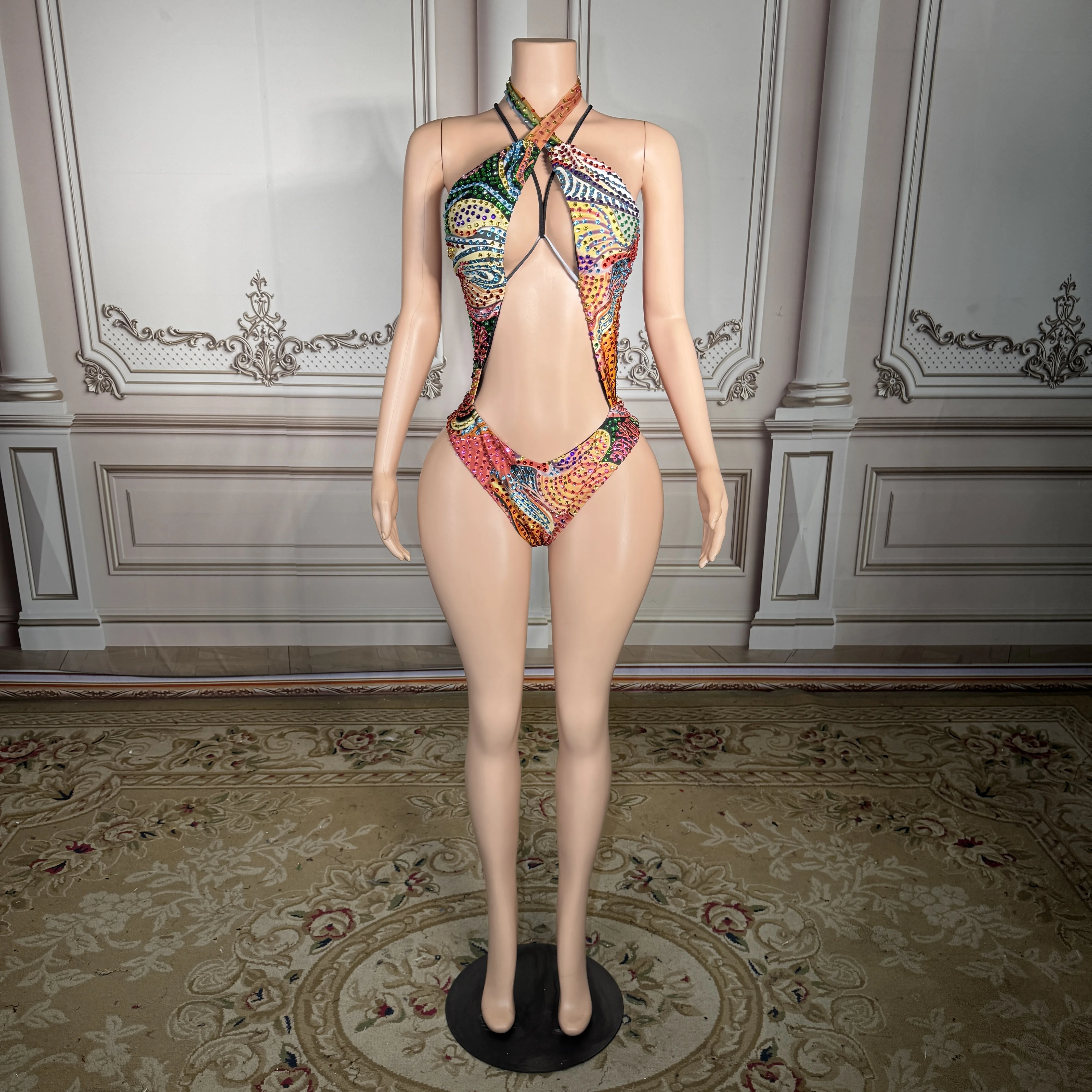 

Новый сексуальный разноцветный боди с узором пейсли и стразами ZD, женский роскошный купальник с кристаллами, вырезом на шее и вырезами, цельный, для выступлений